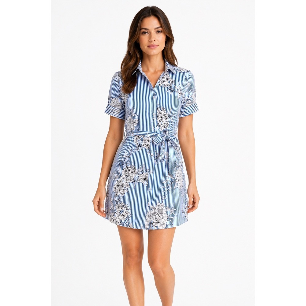 Shop 17 Blue White Striped Floral Cotton Shirt Dress Short Sleeve Small